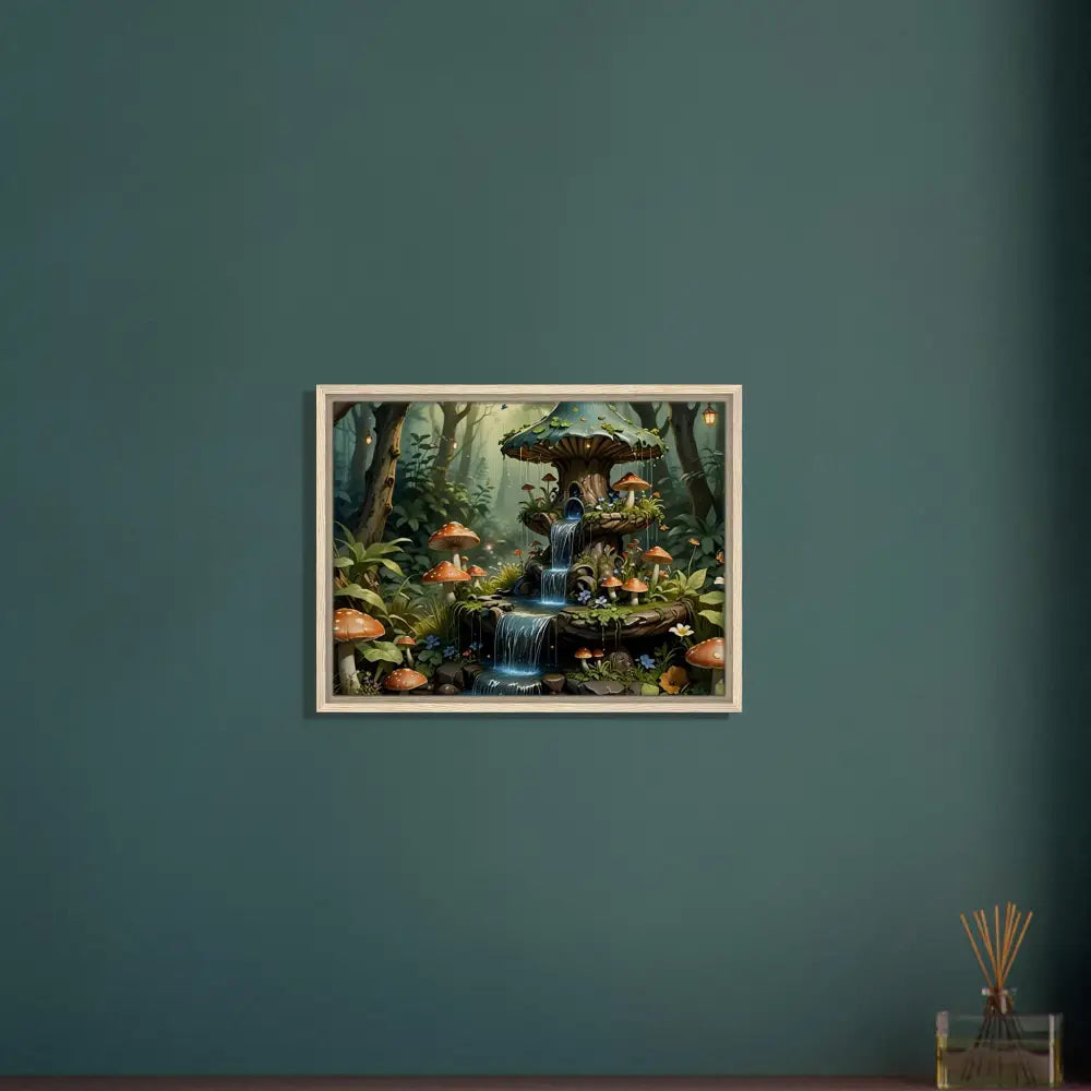 Framed mushroom waterfall artwork on PixiOnyx Storybook Statement Piece Canvas