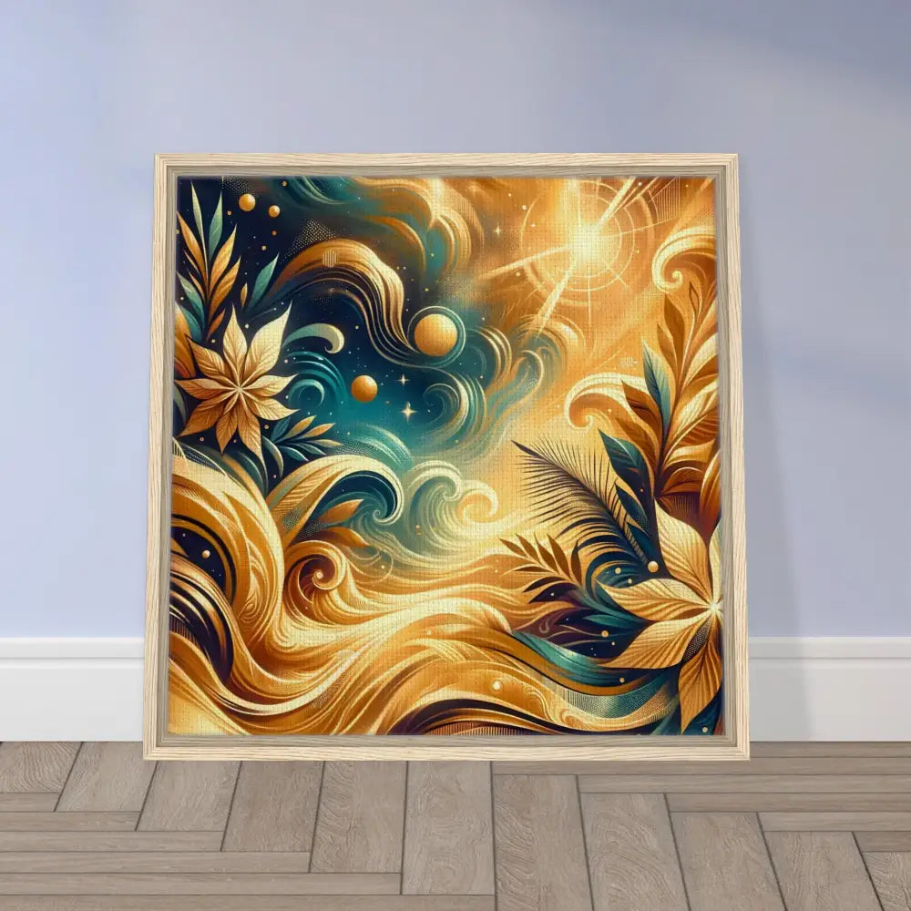 Framed Canvas Nebula Bloom Cascade with golden swirls and celestial elements