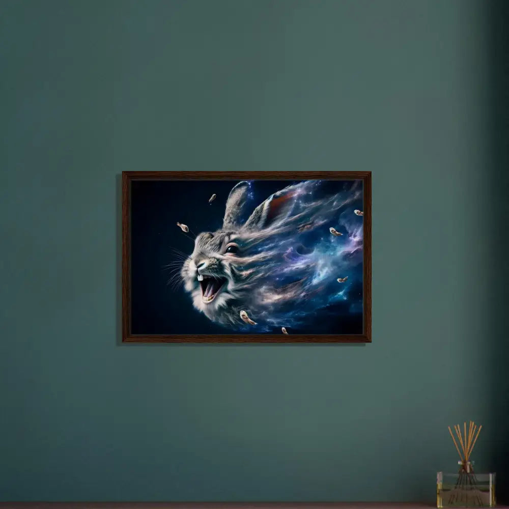 Framed cosmic rabbit artwork on Nebula Howl Canvas in interstellar float frame