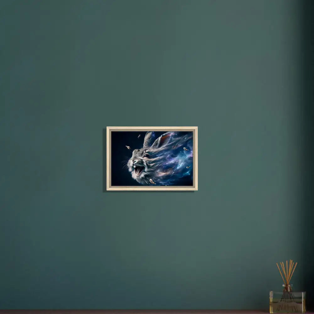 Framed rabbit artwork titled Nebula Howl by Psycho Cottontail Quartet displayed in PixiOnyx Interstellar Float Frame