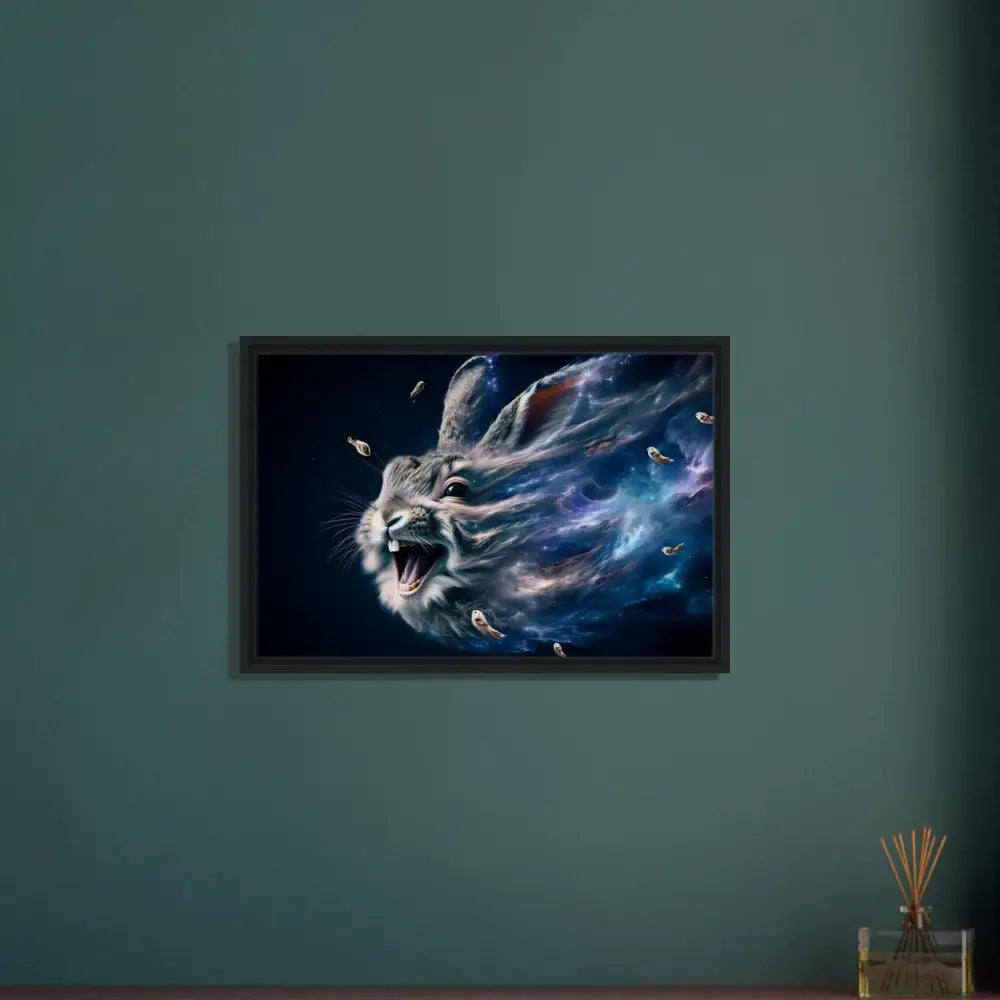 Framed cosmic rabbit art on canvas titled Nebula Howl by Psycho Cottontail Quartet in Interstellar Float Frame
