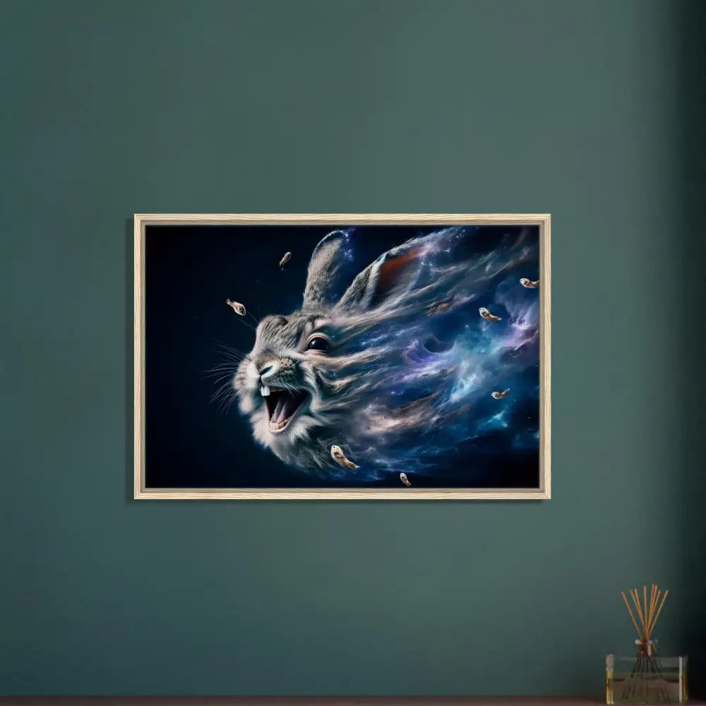 Framed cosmic rabbit artwork titled Nebula Howl by Psycho Cottontail Quartet on PixiOnyx Interstellar Float Frame