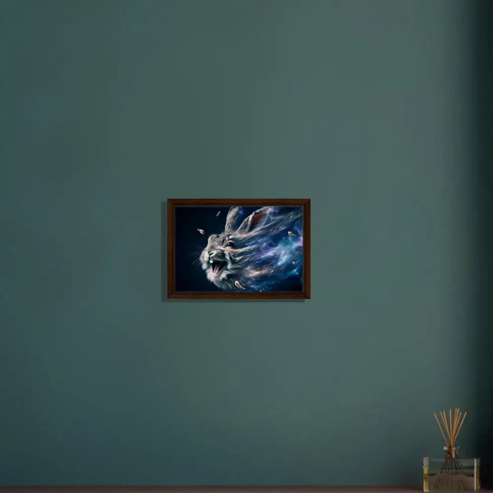 Framed cosmic rabbit artwork from PixiOnyx Nebula Howl Psycho Cottontail Quartet display