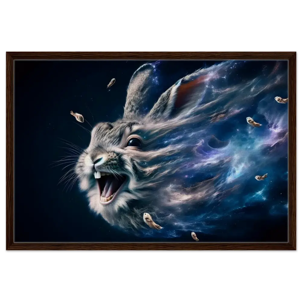 Framed cosmic rabbit artwork on Nebula Howl canvas in interstellar float frame
