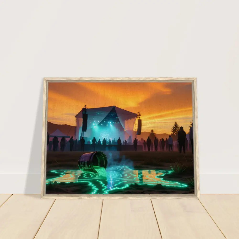 Framed Canvas Neon Spill Festival scene with vibrant spilled paint art by PixiOnyx