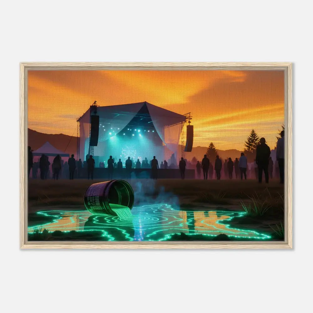 Framed Canvas Neon Spill Festival with concert scene and spilled paint art display