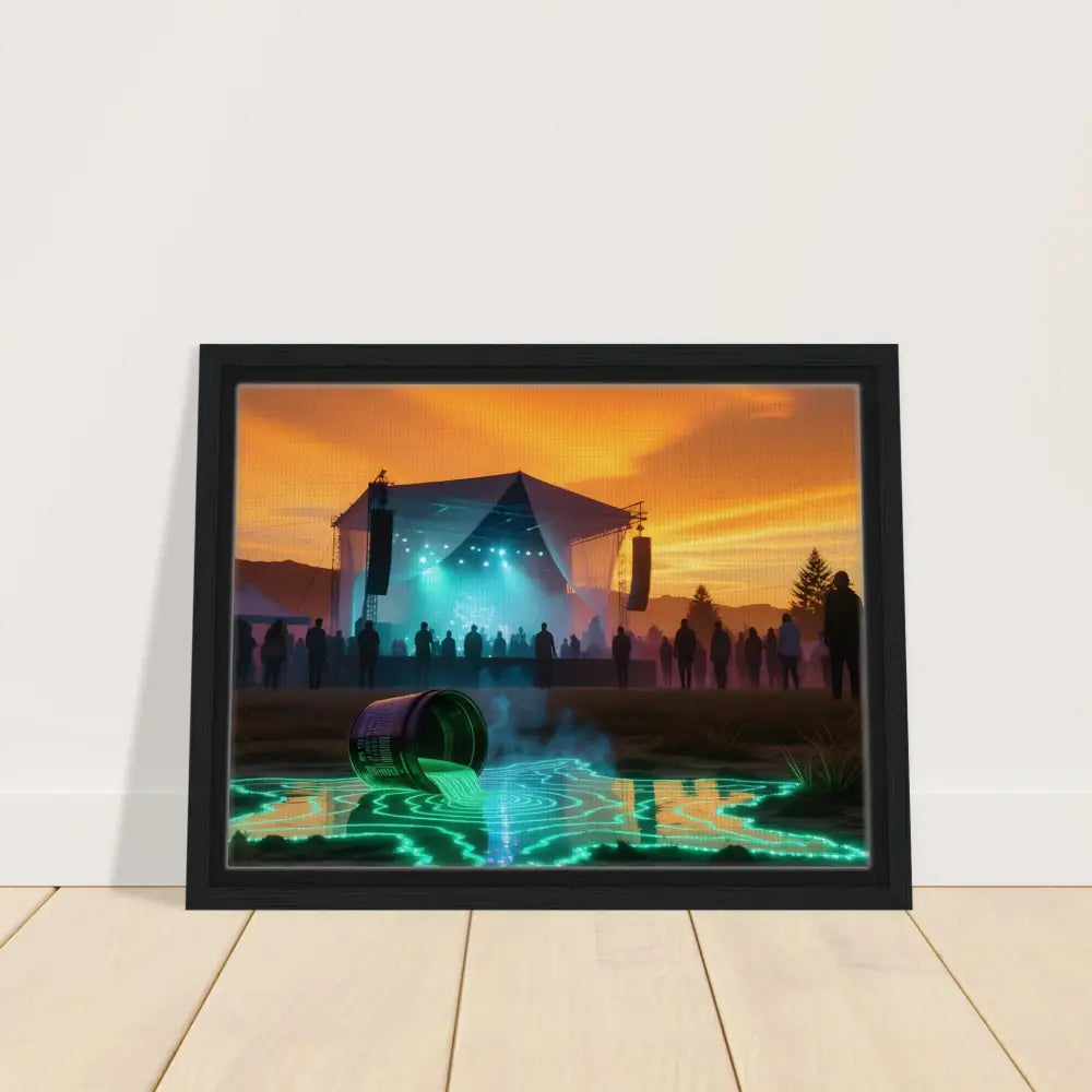 Framed Canvas Neon Spill Festival with spilled liquid in concert scene displaying PixiOnyx Dreamworld Display
