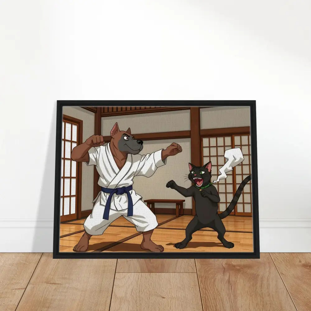 Framed cartoon of a dog and cat in karate stances from Paws of Fury Canvas artwork