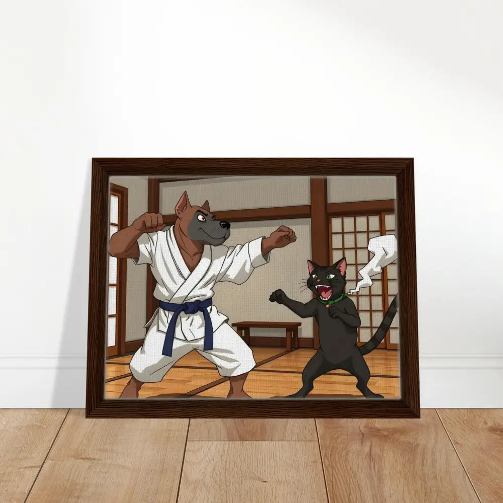 Framed cartoon of a dog and cat in karate stances on PixiOnyx Martial Mayhem canvas