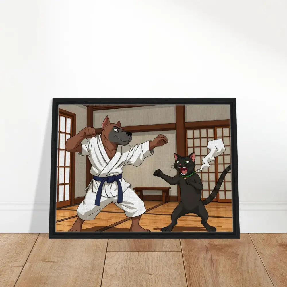 Framed cartoon of a dog and cat in karate stances for Paws of Fury canvas artwork