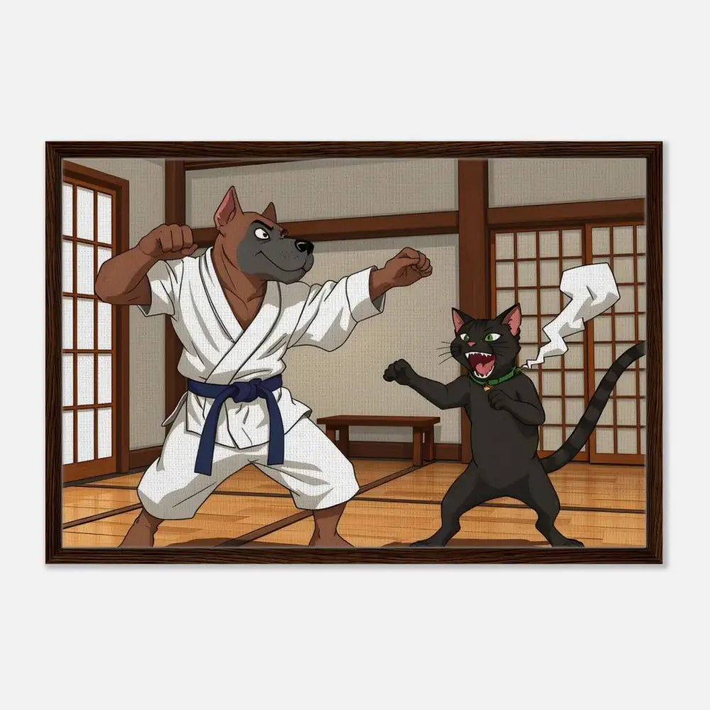 Cartoon dog and cat performing karate in framed canvas art titled Paws of Fury PixiOnyx