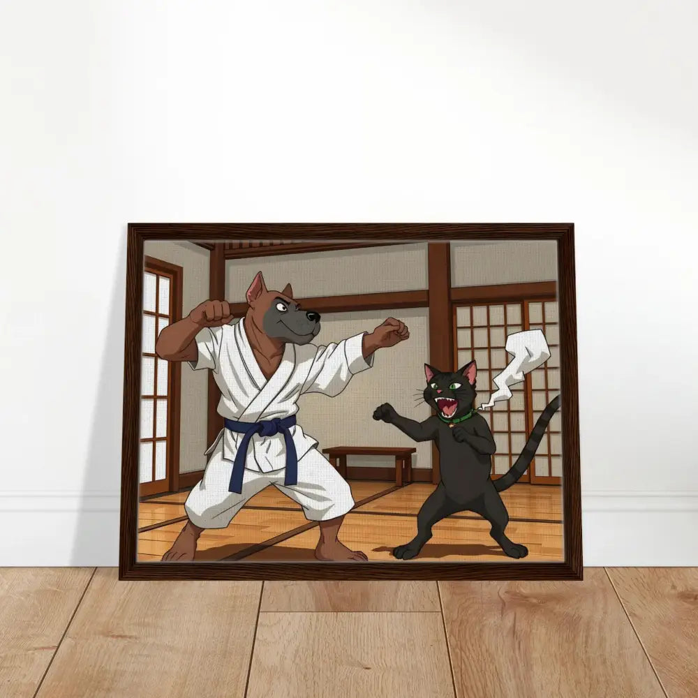 Framed cartoon of a dog and cat practicing karate on PixiOnyx Martial Mayhem canvas