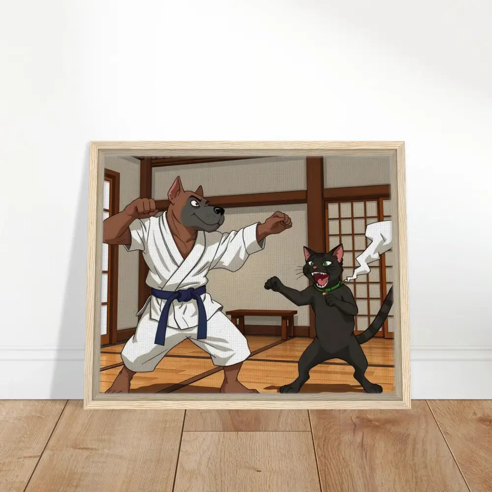 Framed cartoon of a dog and cat practicing karate for PixiOnyx Martial Mayhem canvas art