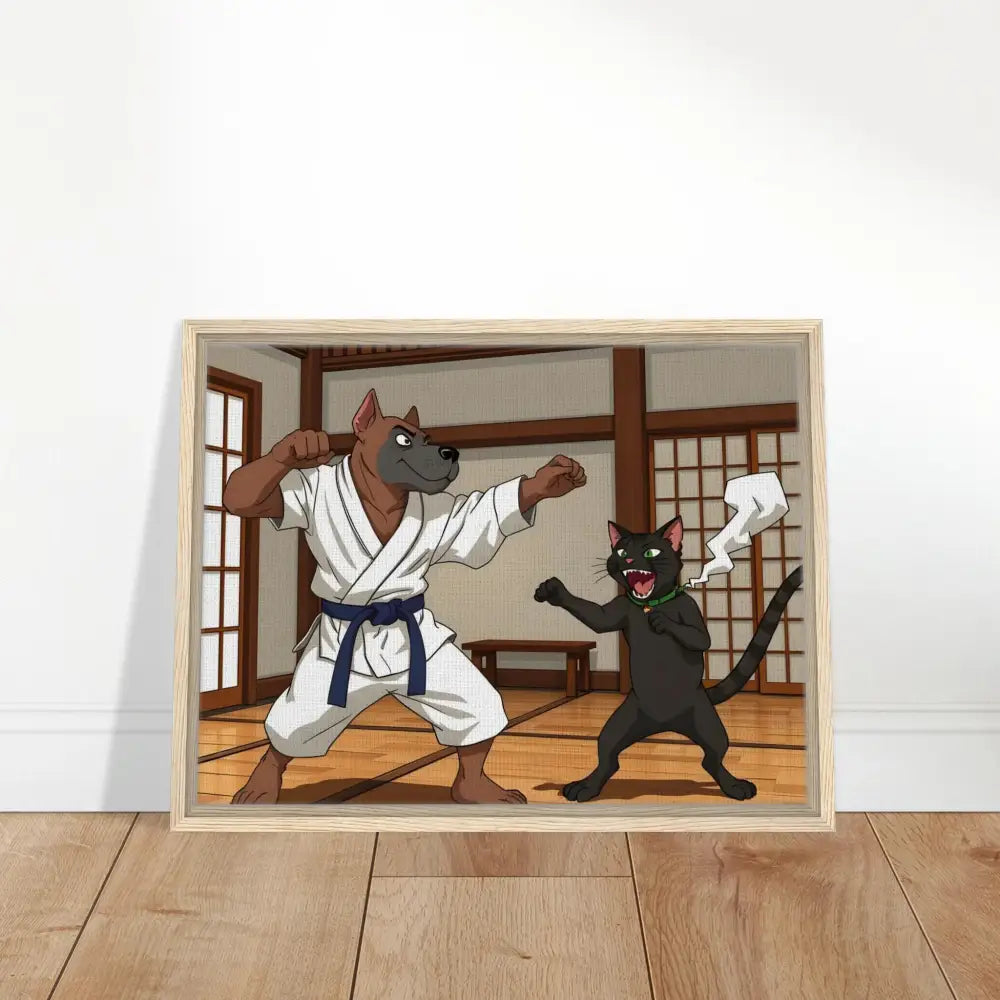 Framed cartoon of a dog and cat practicing karate displayed on PixiOnyx Martial Mayhem canvas