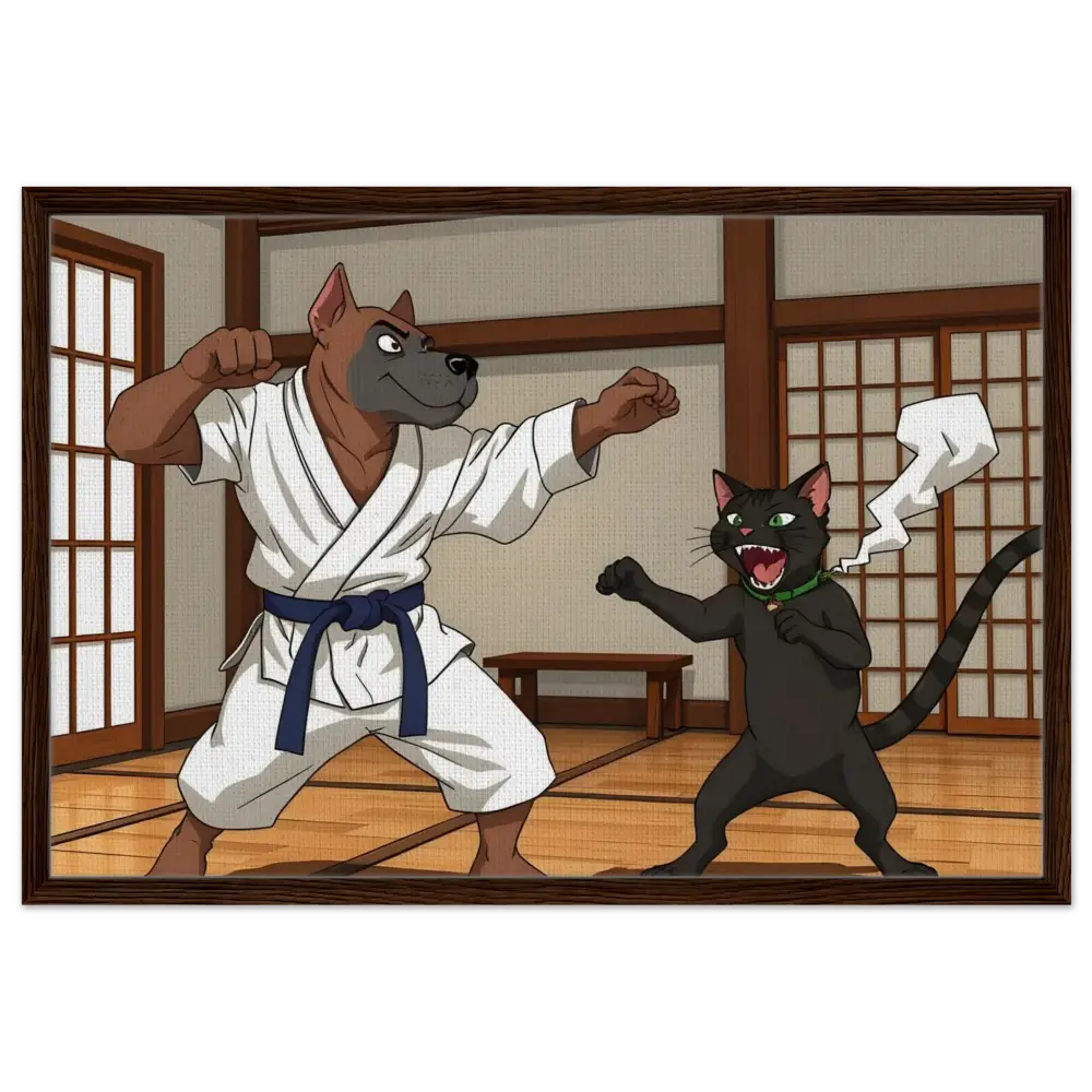 Cartoon dog and cat in a karate standoff on framed canvas artwork Paws of Fury PixiOnyx