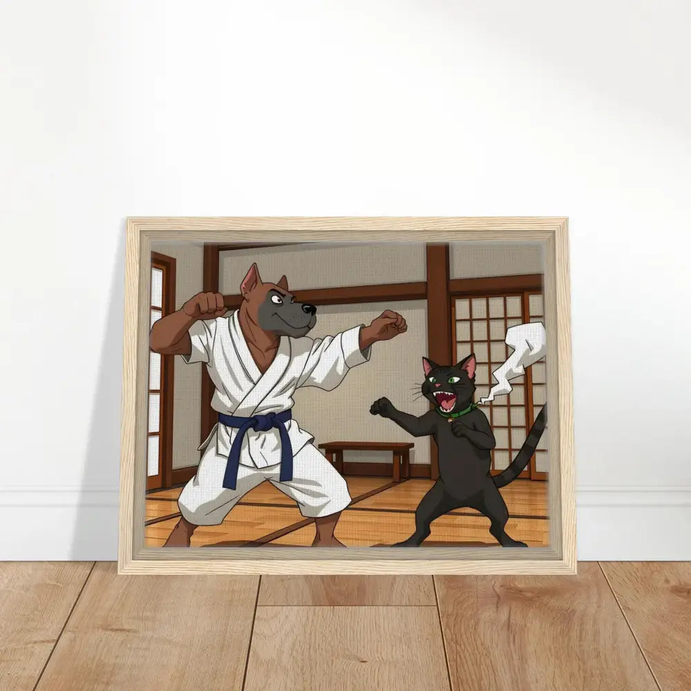 Framed cartoon of a dog and cat in a karate match from Paws of Fury Canvas artwork