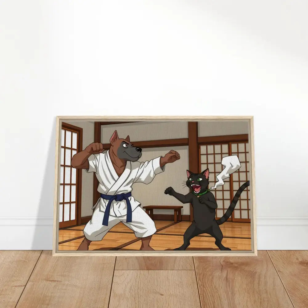 Framed cartoon of dog and cat karate fighting on PixiOnyx Martial Mayhem canvas