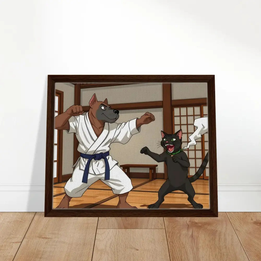 Framed cartoon of a dog and cat practicing karate for PixiOnyx Martial Mayhem Canvas