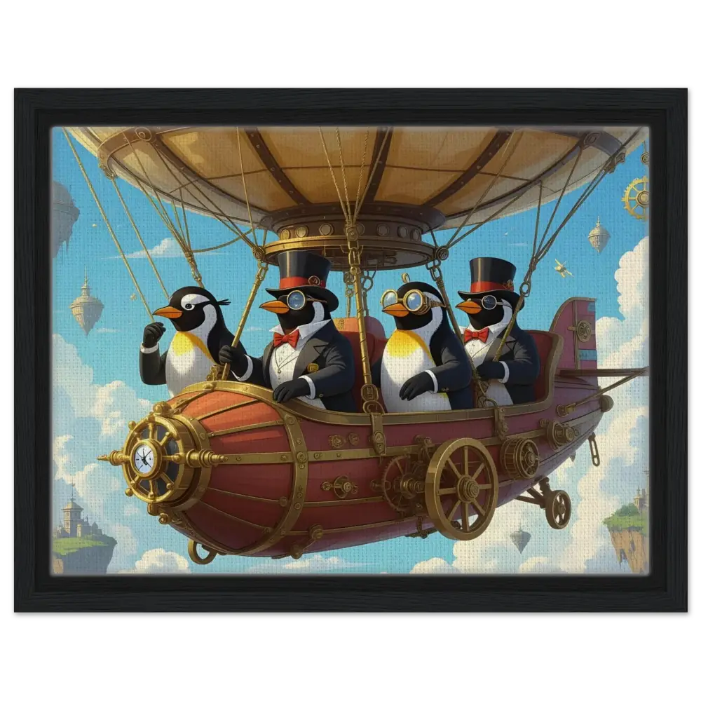 Steampunk penguin airship adventure on Framed Canvas Penguin Zeppelin Society PixiOnyx