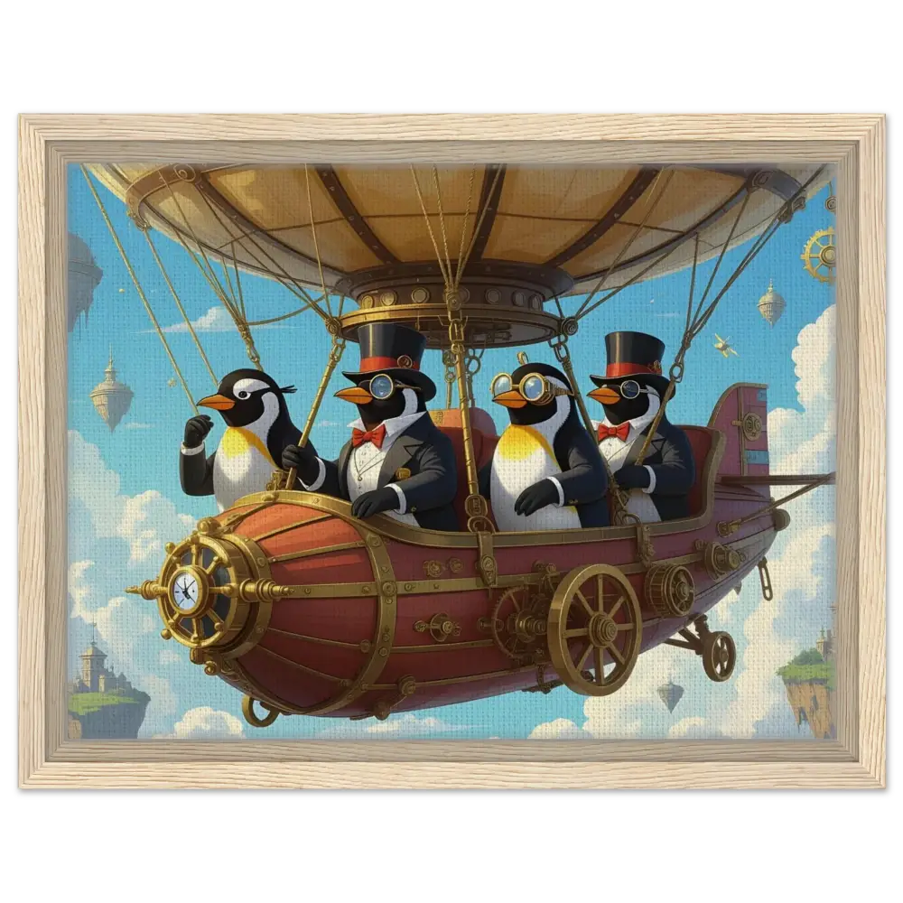 Steampunk Penguin Airship Adventure on Framed Canvas Penguin Zeppelin Society PixiOnyx