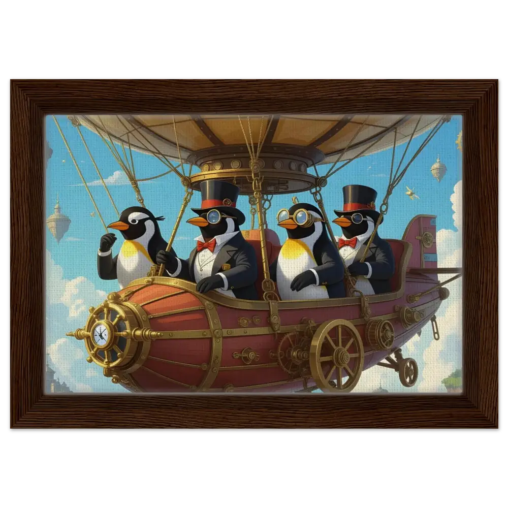 Steampunk penguin airship artwork on framed canvas for Penguin Zeppelin Society display