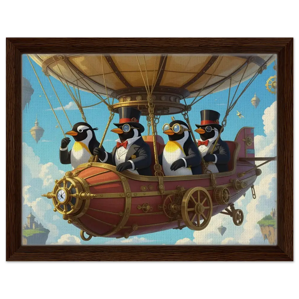 Steampunk penguin riding airship silhouette on PixiOnyx Framed Canvas displaying Penguin Zeppelin Society