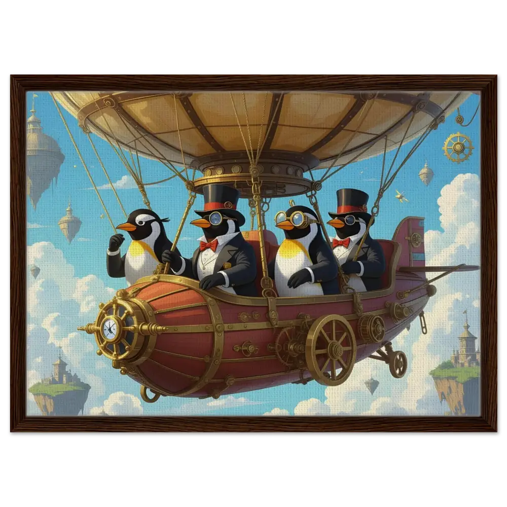 Steampunk penguin airship adventure on PixiOnyx Framed Canvas featuring Penguin Zeppelin Society