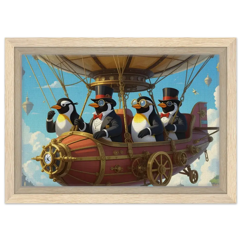 Steampunk penguin airship artwork on framed canvas for Penguin Zeppelin Society by PixiOnyx