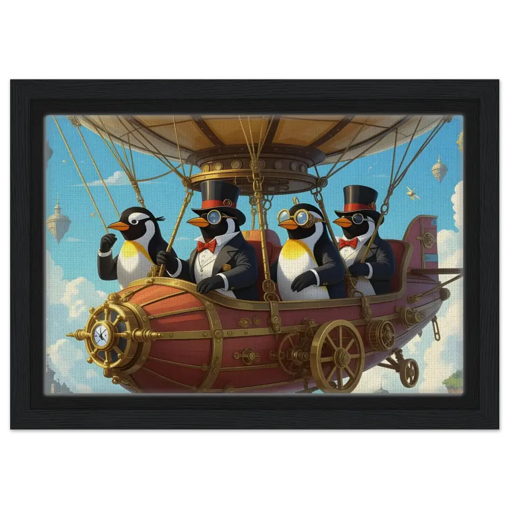 Steampunk penguin airship adventure artwork on PixiOnyx Framed Canvas display