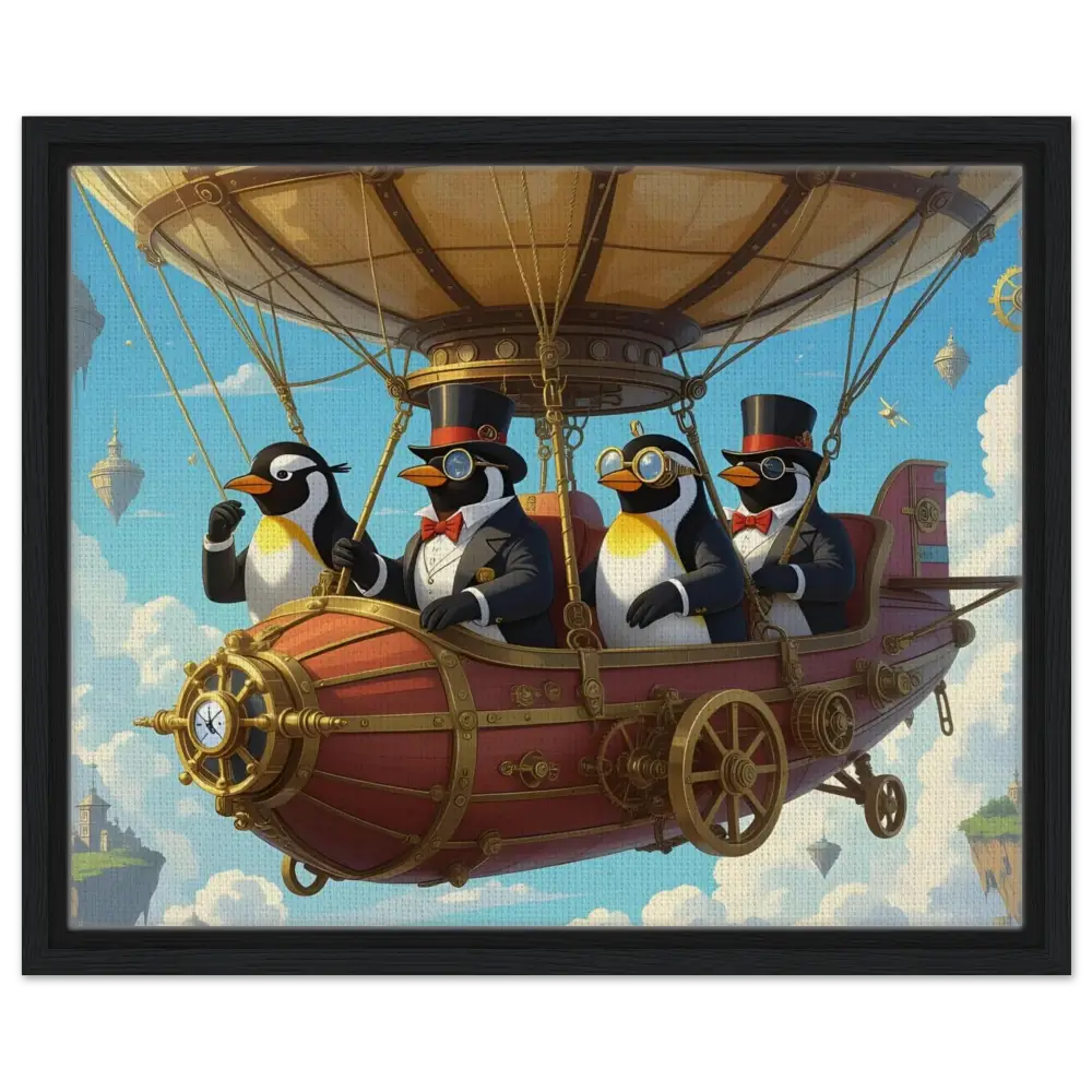 Steampunk penguin airship adventure artwork on framed canvas titled Penguin Zeppelin Society