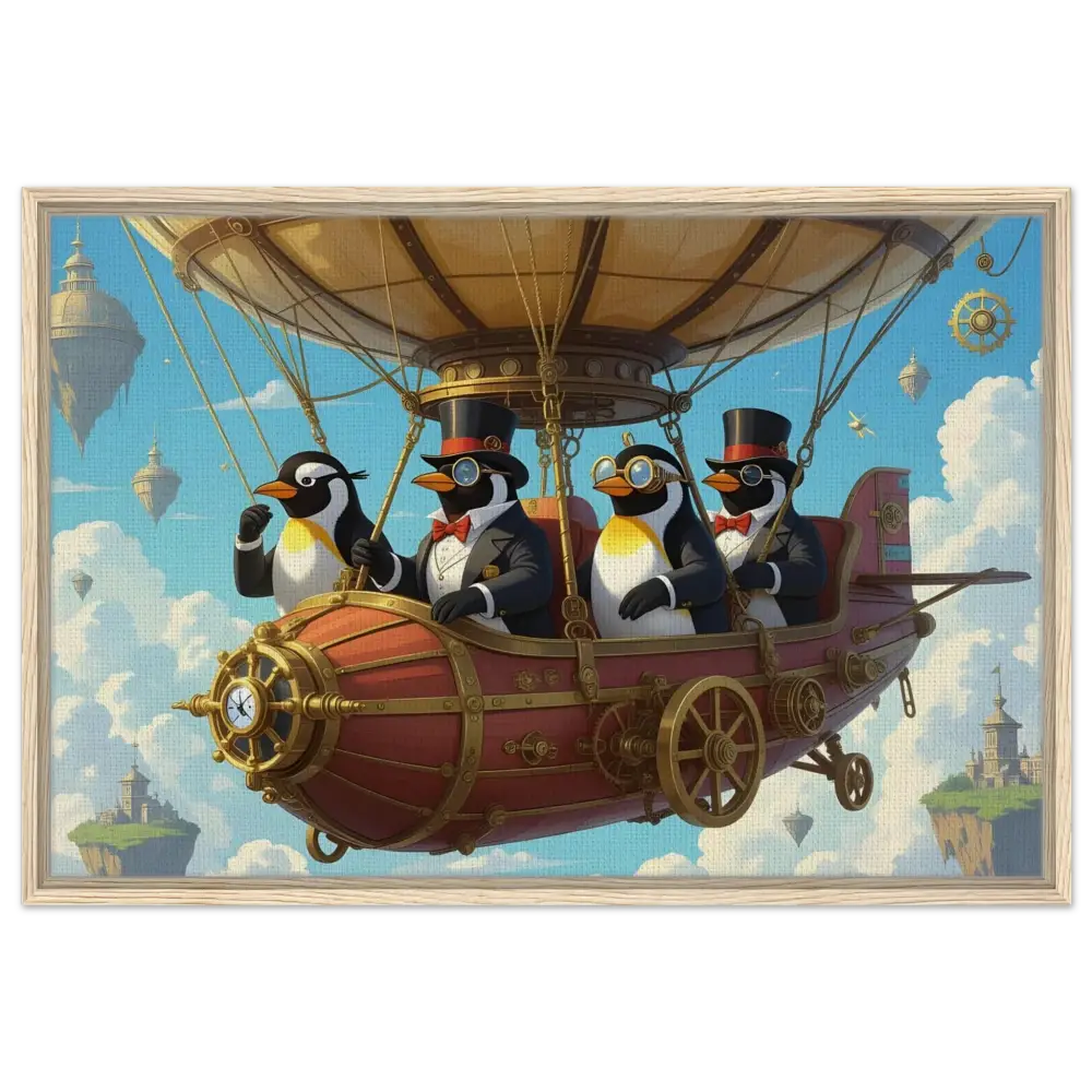 Steampunk penguin airship adventure framed canvas from PixiOnyx Penguin Zeppelin Society