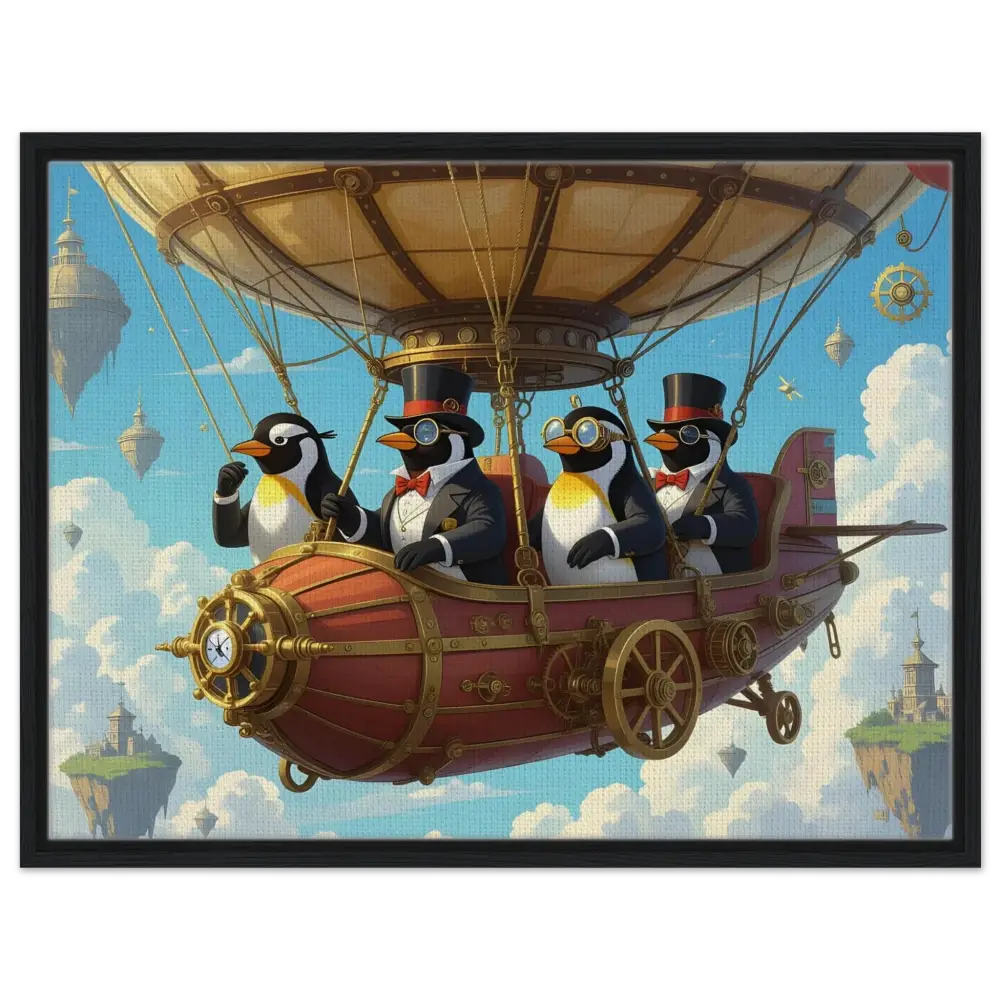 Steampunk penguin airship adventure displayed on PixiOnyx Framed Canvas Penguin Zeppelin Society