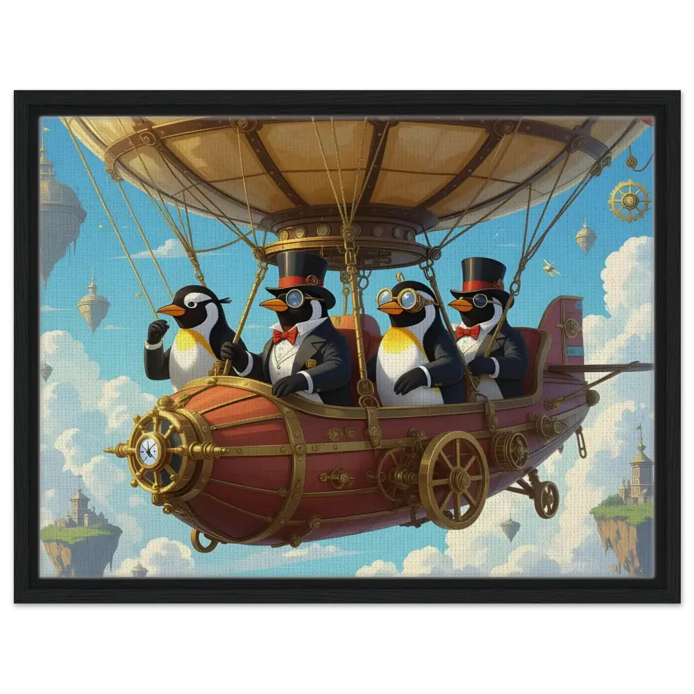 Steampunk penguin on airship in surreal scene for PixiOnyx Framed Canvas display
