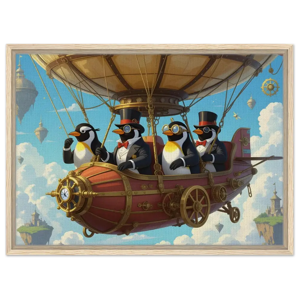 Steampunk penguin airship artwork on framed canvas for Penguin Zeppelin Society display