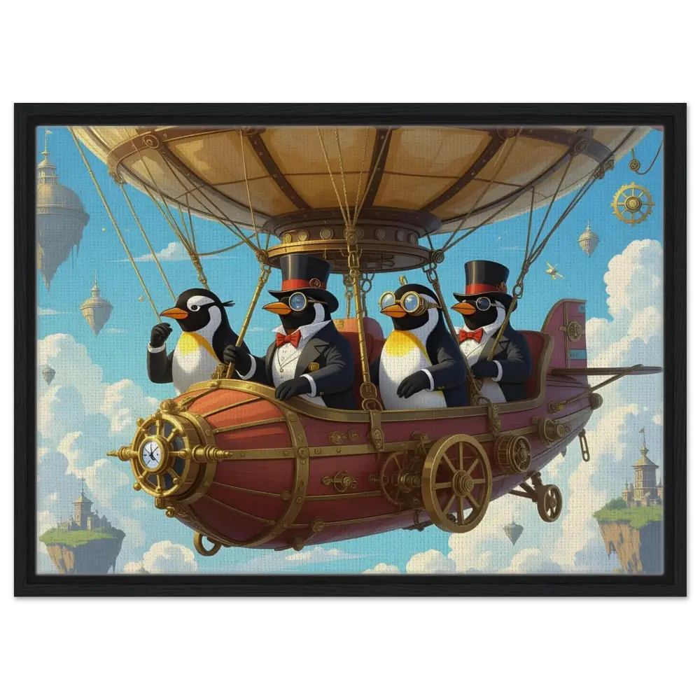 Steampunk penguin with airship over surreal sky on PixiOnyx Framed Canvas