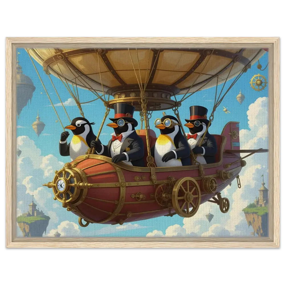 Steampunk penguin airship artwork on framed canvas for Penguin Zeppelin Society display