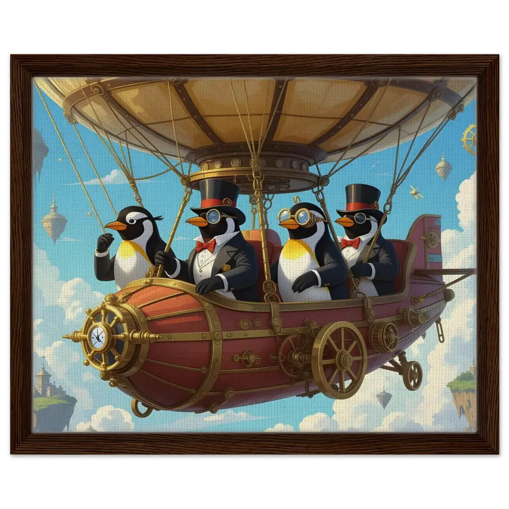 Steampunk penguin airship adventure displayed on PixiOnyx Framed Canvas