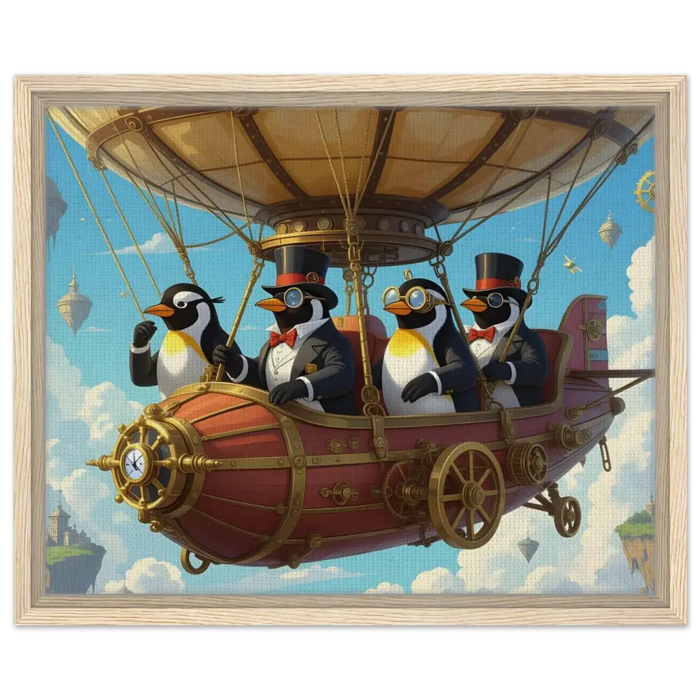 Steampunk penguin flying a zeppelin airship in a surreal adventure scene on framed canvas