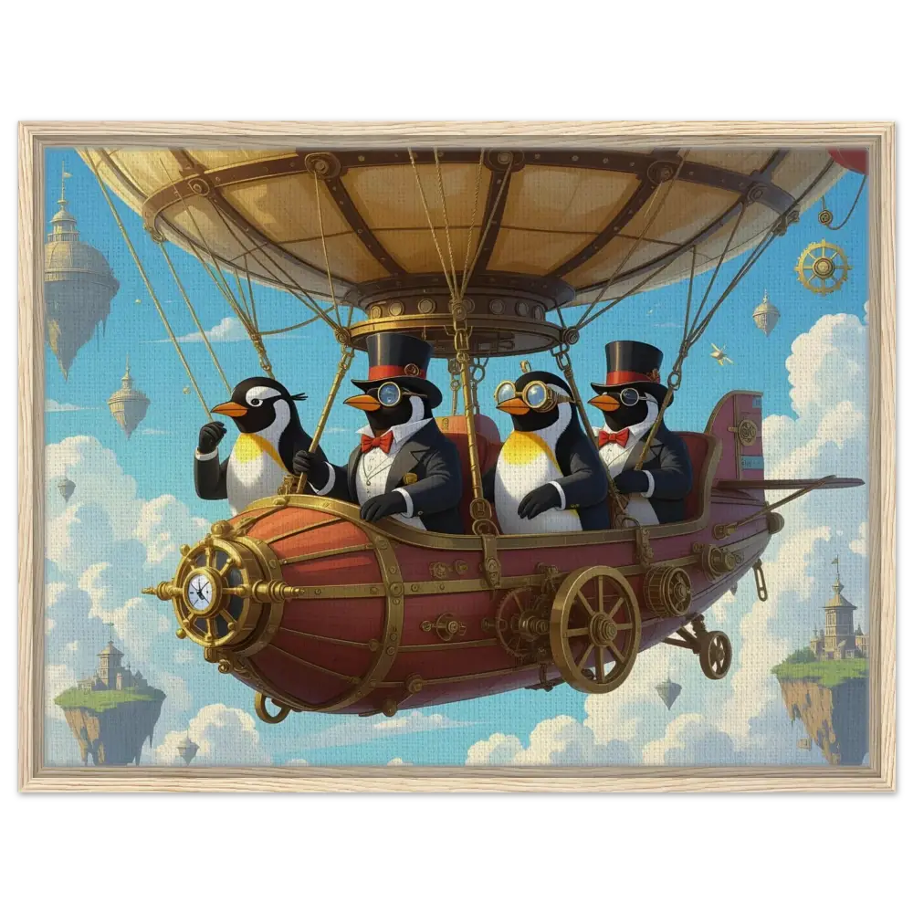 Steampunk penguin flying an airship in a surreal scene on PixiOnyx framed canvas