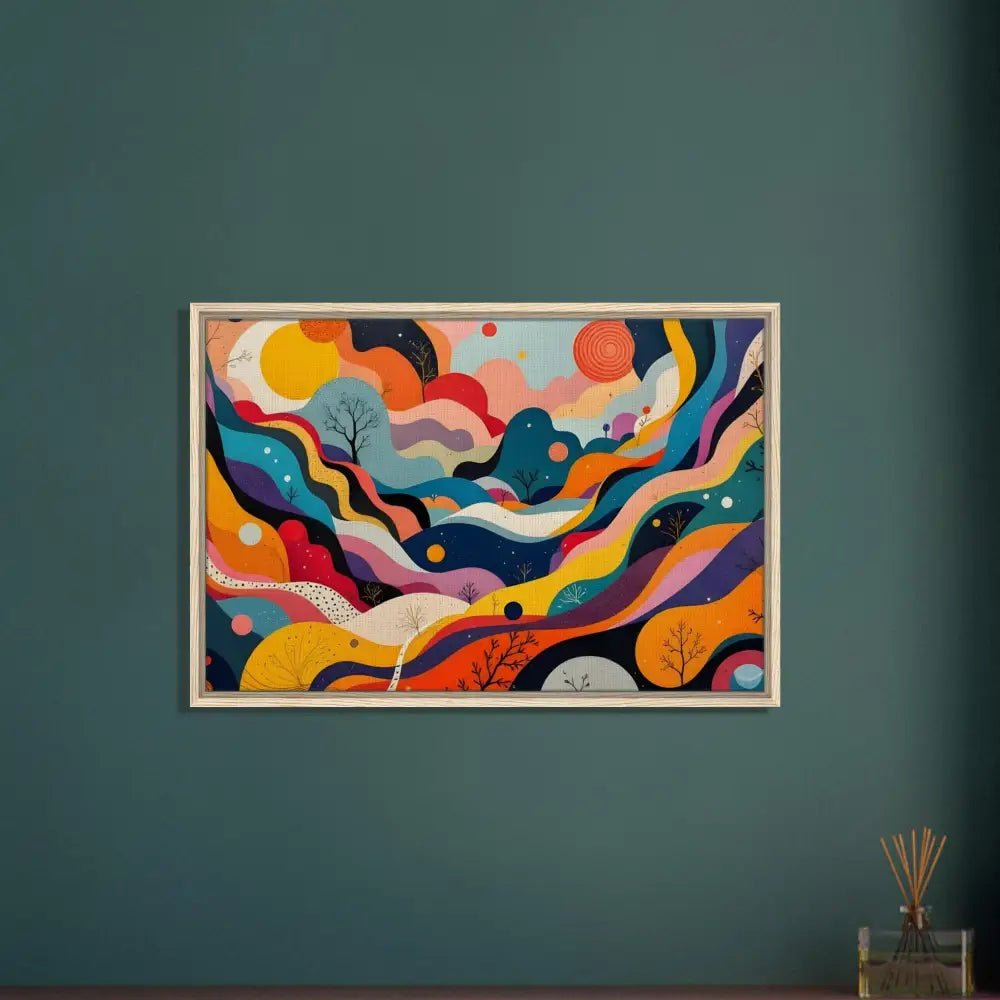 Colorful abstract landscape painting on framed canvas for Psychedelic Landscape Flowstate Wall Art