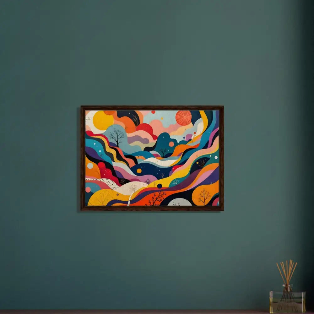 Colorful abstract landscape painting on framed canvas titled Psychedelic Landscape Flowstate