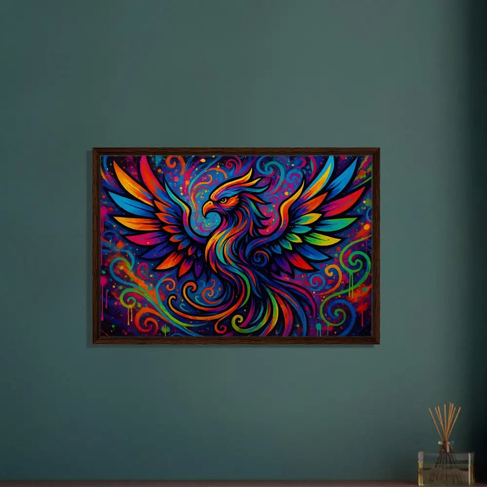 Colorful phoenix artwork in a framed canvas titled Rebirth in Neon Flame by PixiOnyx
