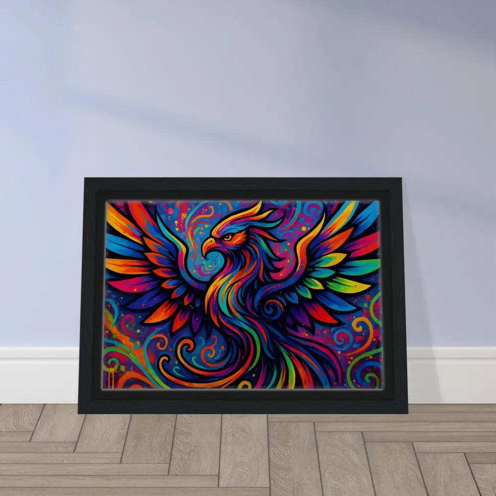 Framed colorful phoenix artwork on PixiOnyx Rebirth in Neon Flame Canvas display