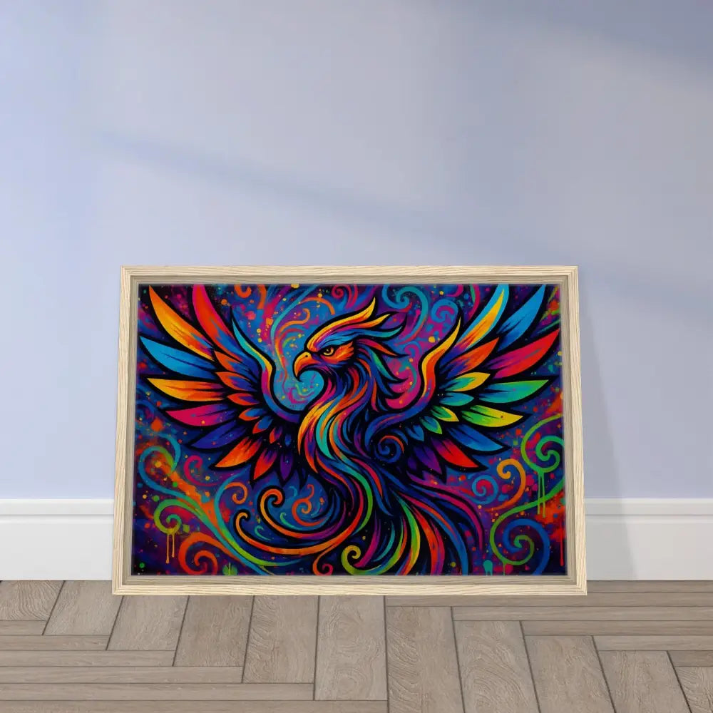Framed colorful phoenix artwork on Rebirth in Neon Flame PixiOnyx abstract graffiti canvas