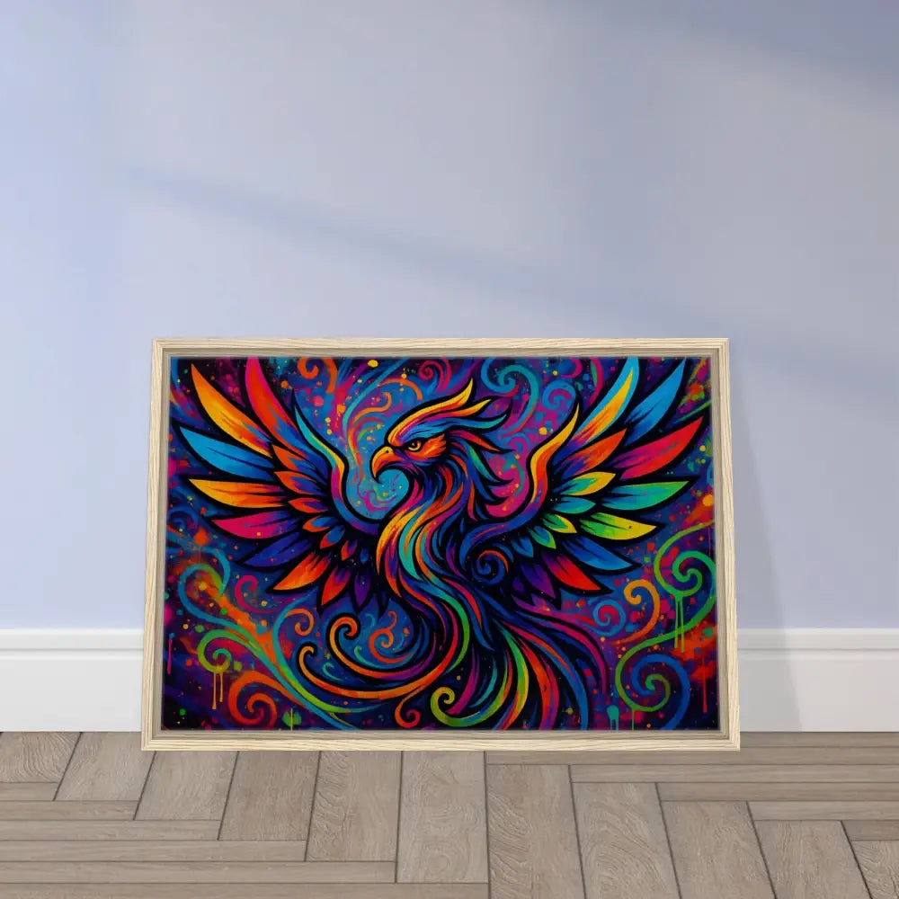 Colorful phoenix artwork on framed canvas titled Rebirth in Neon Flame by PixiOnyx