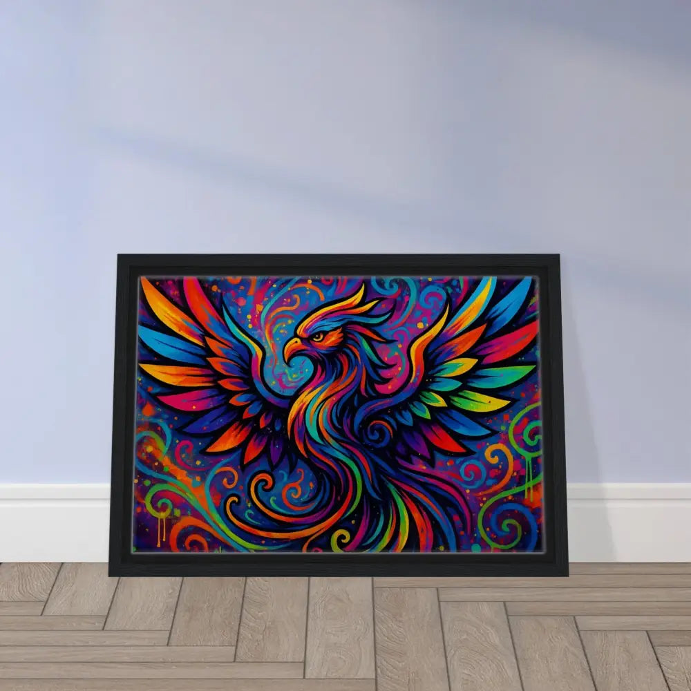 Colorful framed Phoenix artwork on Rebirth in Neon Flame PixiOnyx canvas display