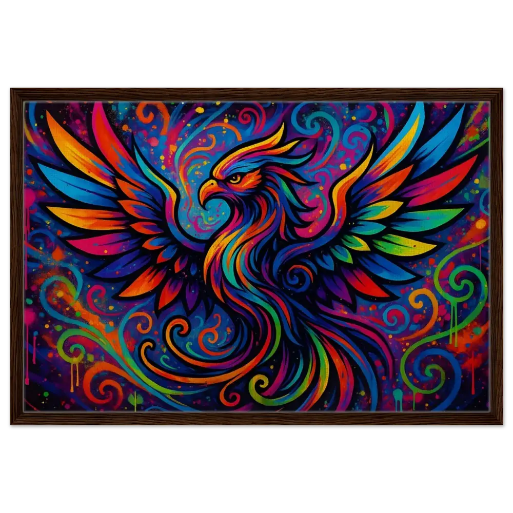 Colorful phoenix painting on framed canvas titled Rebirth in Neon Flame by PixiOnyx