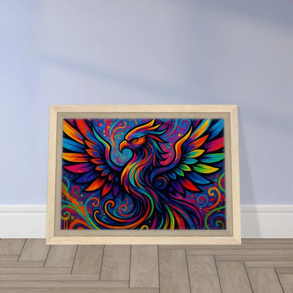 Colorful framed phoenix artwork on neon flame-themed canvas at PixiOnyx Abstract Graffiti Display