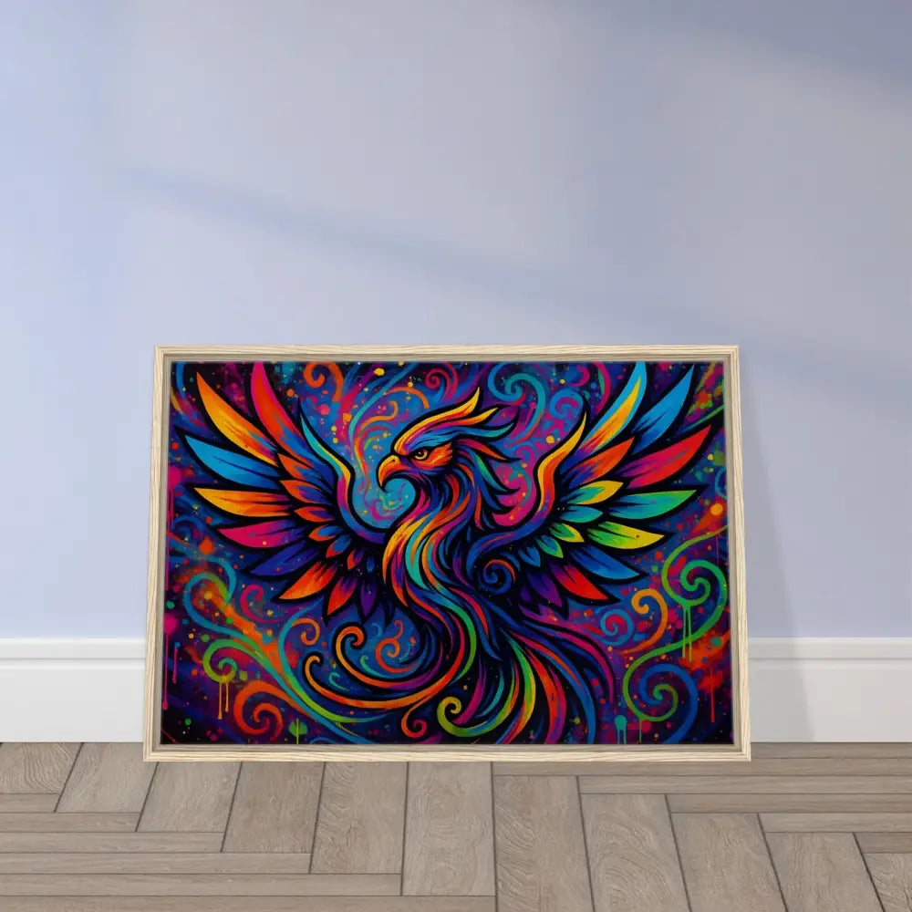Framed colorful phoenix artwork on neon flame canvas in PixiOnyx Abstract Graffiti display