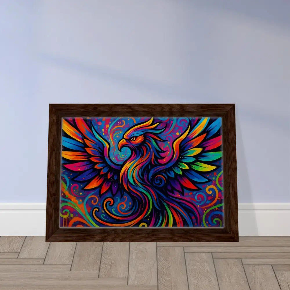 Framed colorful phoenix artwork on display in Rebirth in Neon Flame canvas by PixiOnyx